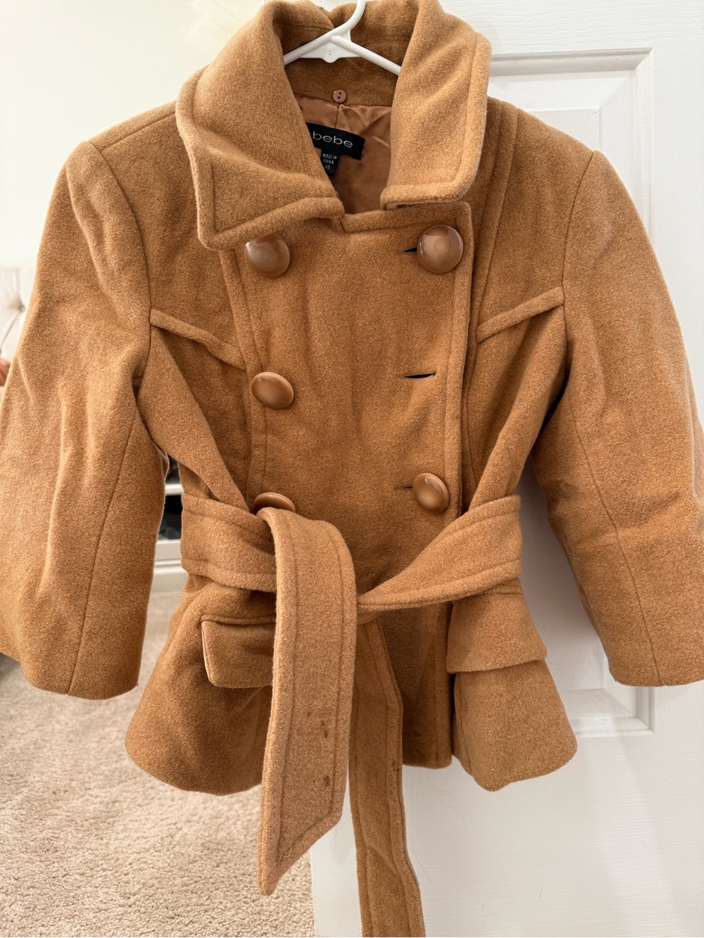 bebe Camel Brown Double-Breasted Belted Peacoat